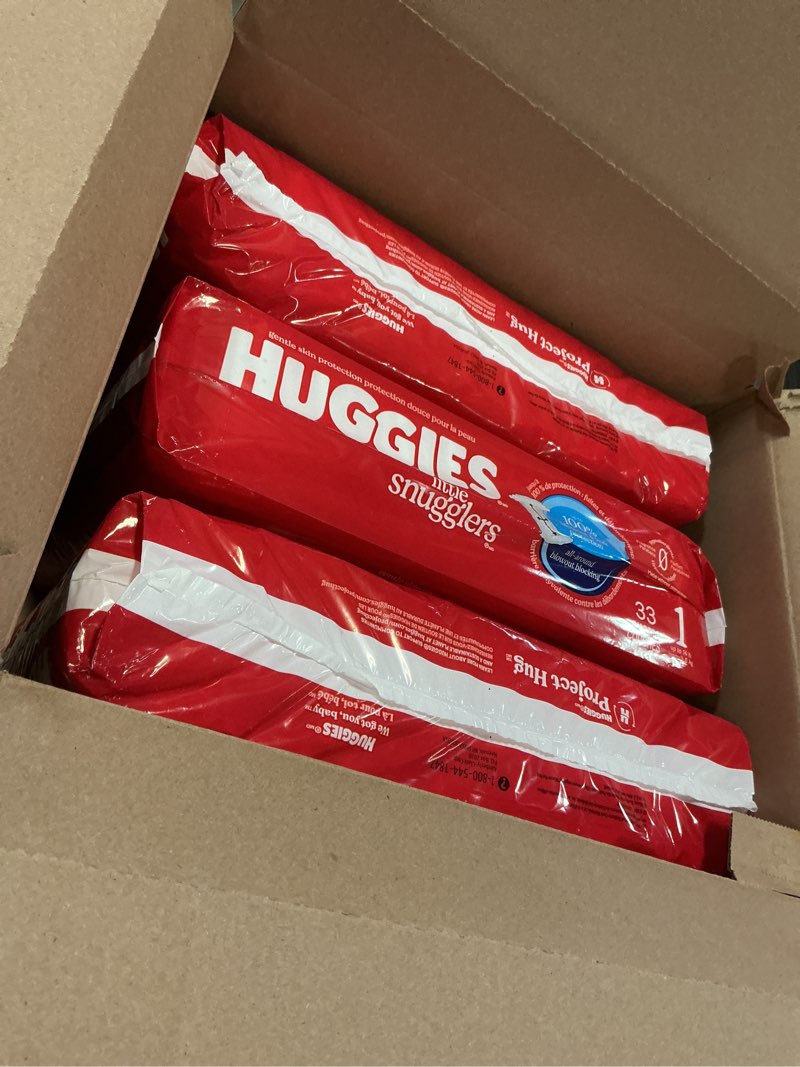 Condition photo showing Good Condition for huggies size 1 diapers, little snugglers diapers, size 1 (8-14 lbs), count (3 packs), packaging may vary