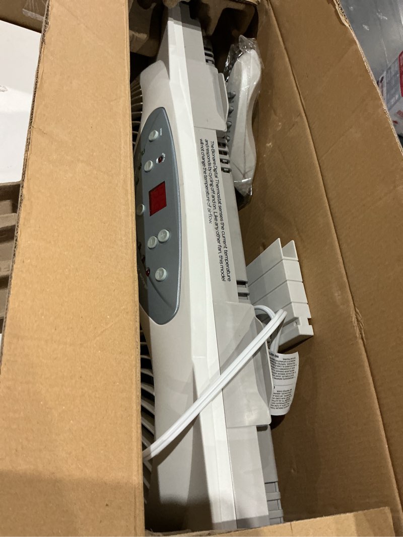 Condition photo showing As Is for bionaire window fan with reversible airflow blades – 3-speed settings, programmable thermostat, led display, remote control, fits 24–36" windows, no assembly required white 2 blades electronic control with lcd screen window fan
