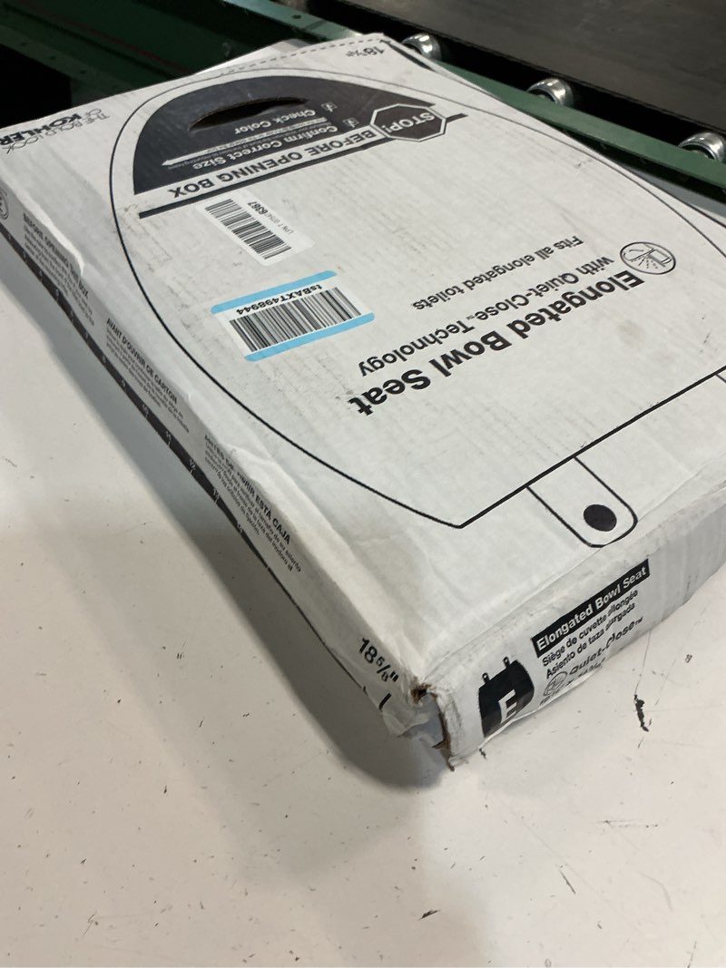 Condition photo showing New/Like New for kohler stonewood quiet-close, elongated toilet seat soft close, durable wood, easy installation, universal fit, home essentials, white finish, k-20466-0 white elongated double-hinge