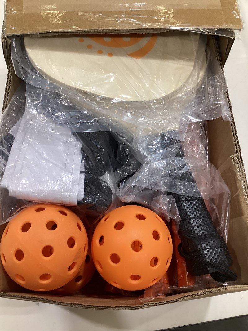 Condition photo showing As Is for pickleball net set for driveway, 22ft regulation size portable pickle ball net with paddles set of 4, outdoor pickleballs and carry bag, easy setup for indoor, outdoor, backyard orange