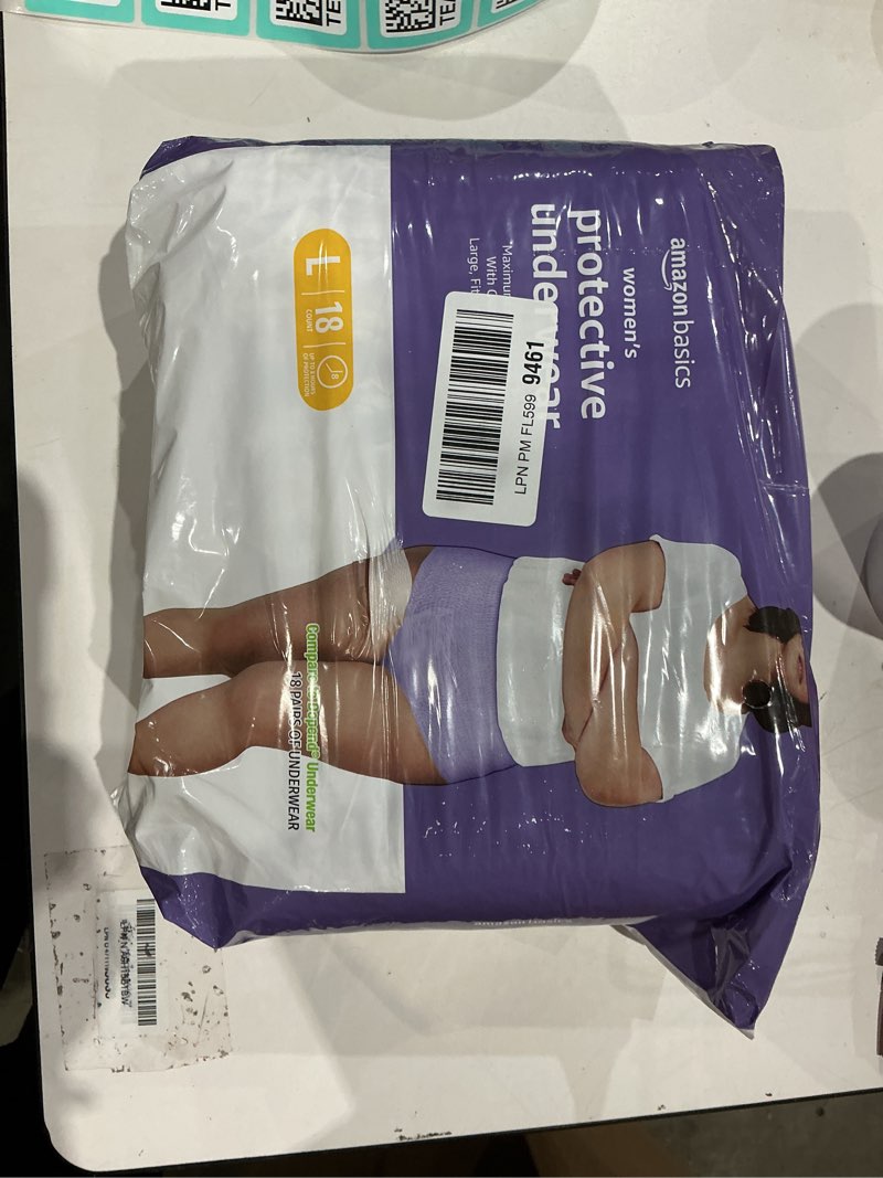 Condition photo showing Good Condition for amazon basics postpartum incontinence underwear for women, maximum absorbency with bladder leak protection, fresh protection, disposable, large, lavender, 18 count large 18.0