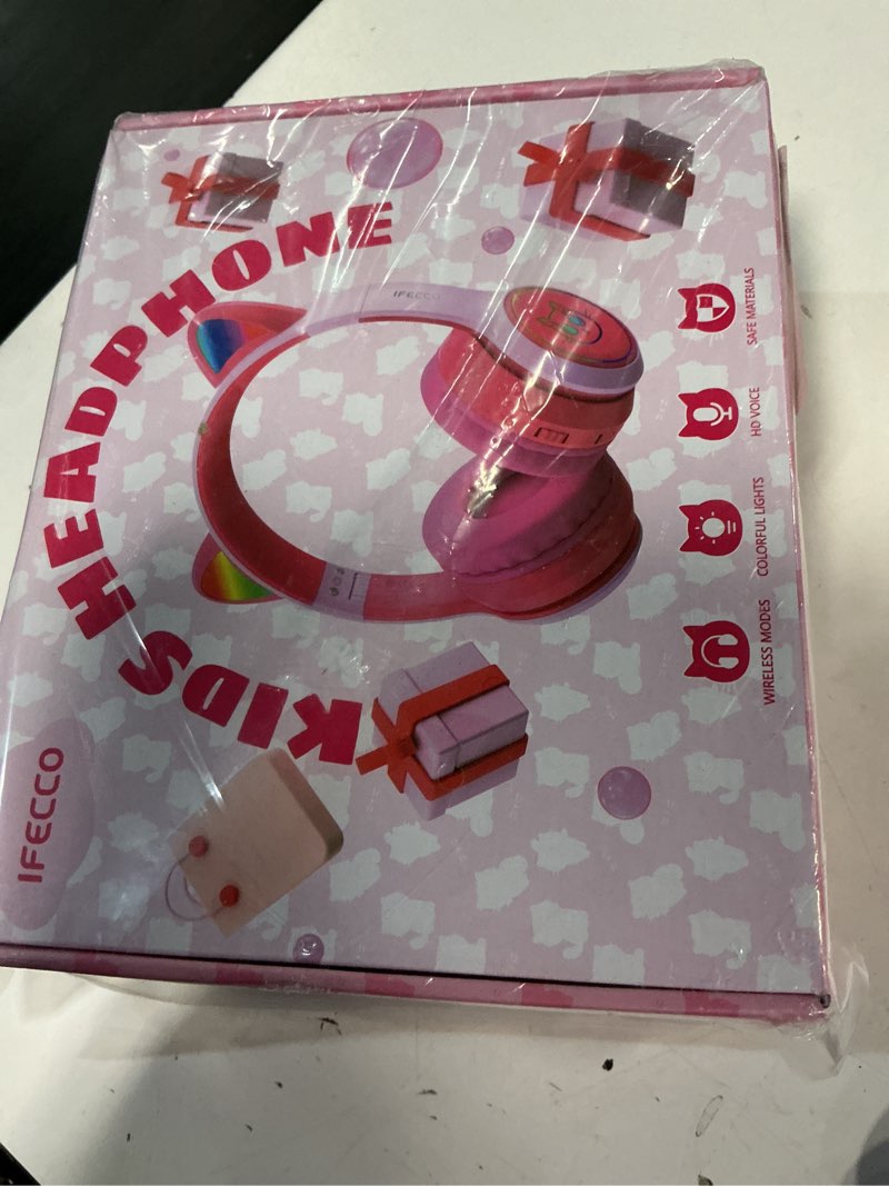 Condition photo showing New/Like New for IFECCO Wireless Kids Headphones with Microphone,Foldable Cute Light Up Cat Ear Children Girls Bluetooth Headphones with Case for School Gifts Travel Pink
