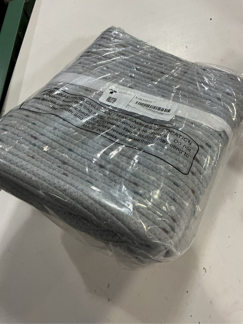 Condition photo showing New/Like New for kakamay large blanket basket (20"x13"),woven baskets for storage baby laundry hamper, cotton rope blanket basket for living room, laundry, nursery, pillows, grey with blue & brown dotted grey dot