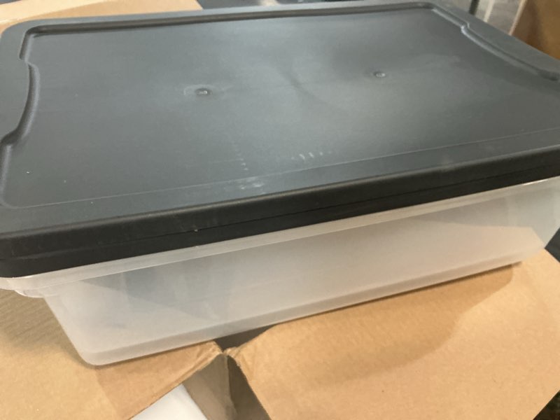 Condition photo showing Good Condition for clear plastic 40qt stackable underbed storage container with latch lid, dark gray for dorm, apartment & closet