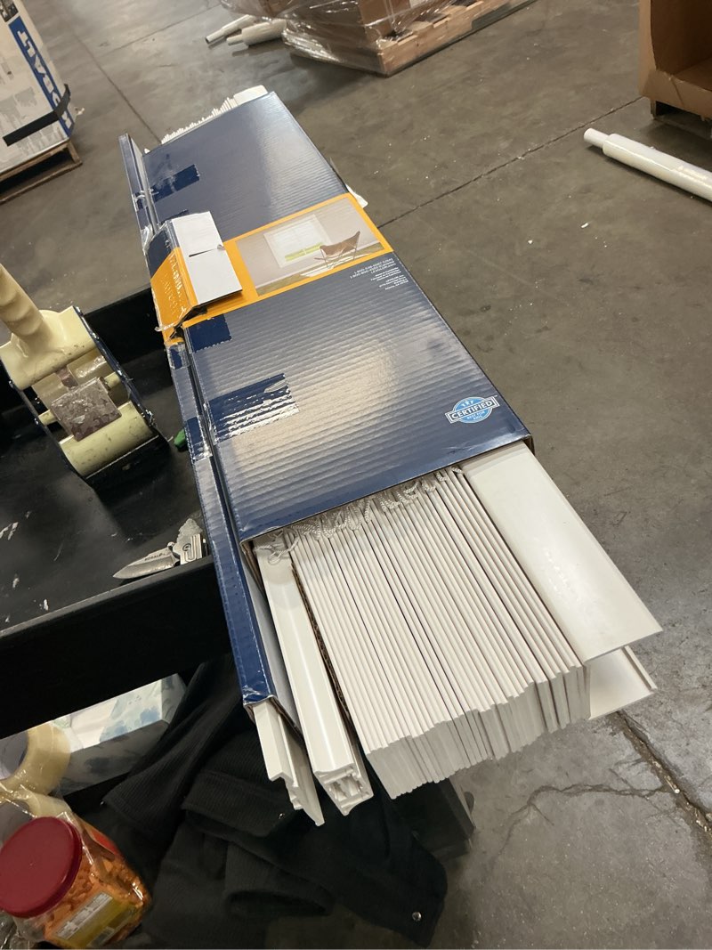 Condition photo showing As Is for levolor trim+go 2-in slat width 35-in x 64-in cordless white faux wood room darkening horizontal blinds