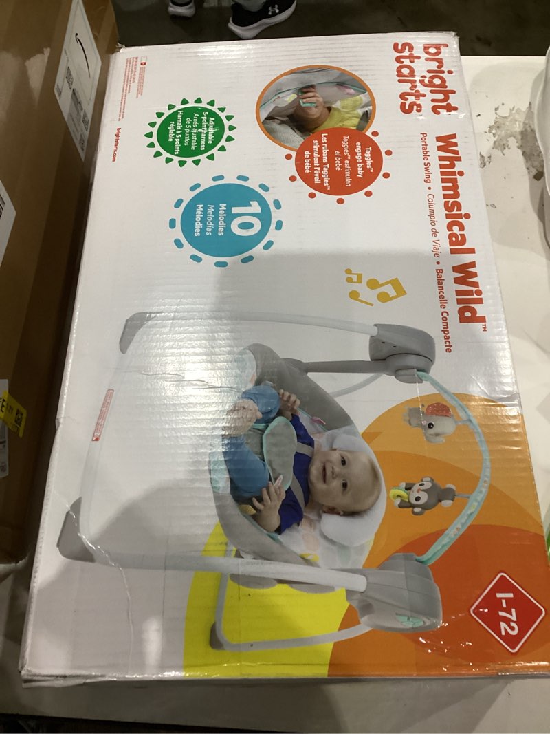 Condition photo showing New/Like New for Bright Starts Portable Automatic 6-Speed Baby Swing with Adaptable Speed, Taggies, Music, Removable-Toy-Bar, 0-9 Months 6-20 lbs (Whimsical Wild)