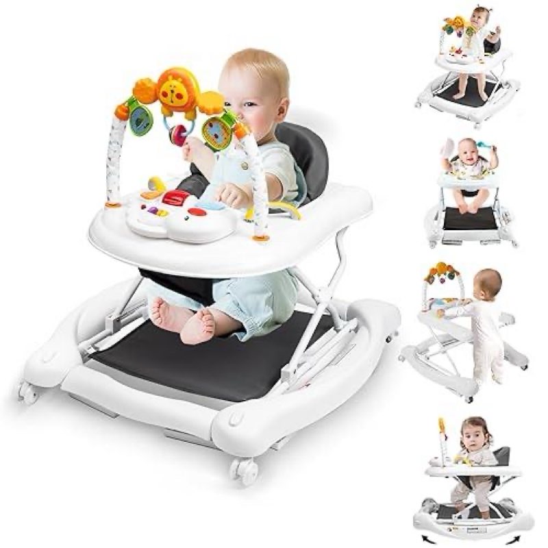 boyro baby 5-in-1 baby walker, baby walkers for boys girls 6-18 months, foldable activity walker, toddler infant walker with bouncer, adjustable height, removable footrest, feeding tray, music - color b-white