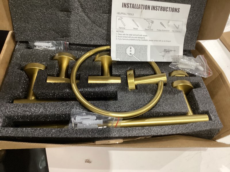 Condition photo showing New/Like New for TQKAG 5 Piece Bathroom Accessories Set Brushed Gold Bathroom Hardware Set 23.6 Inch Bath Towel Bar Set SUS304 Stainless Steel Towel Rack Set Brushed Gold 5-Pieces Set