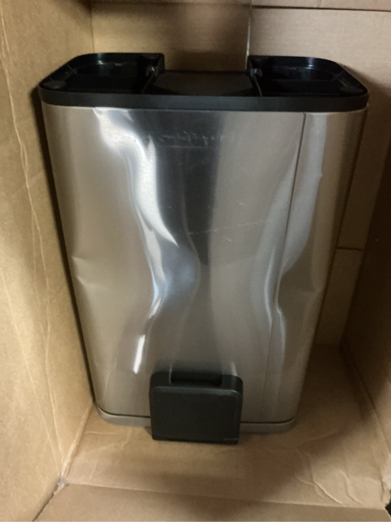 Condition photo showing As Is for EKO Madison Brushed Stainless 50 Liter/13.2 Gallon Step Trash Can with Inner Liner - Fingerprint Resistant Finish 50L Brushed Stainless