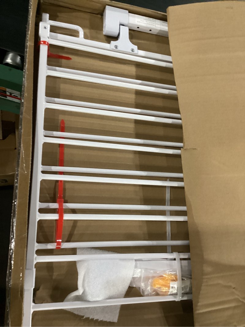 Condition photo showing New/Like New for cumbor 29.2–43" baby gate for stairs, hardware mounted (drill required), expandable no bottom bar dog gate, auto close extra wide walk thru, pet & toddler proof gate, top & bottom of stairways (white) white hardware mounted only (no bottom bar) 29.2"-43" w x 28" h