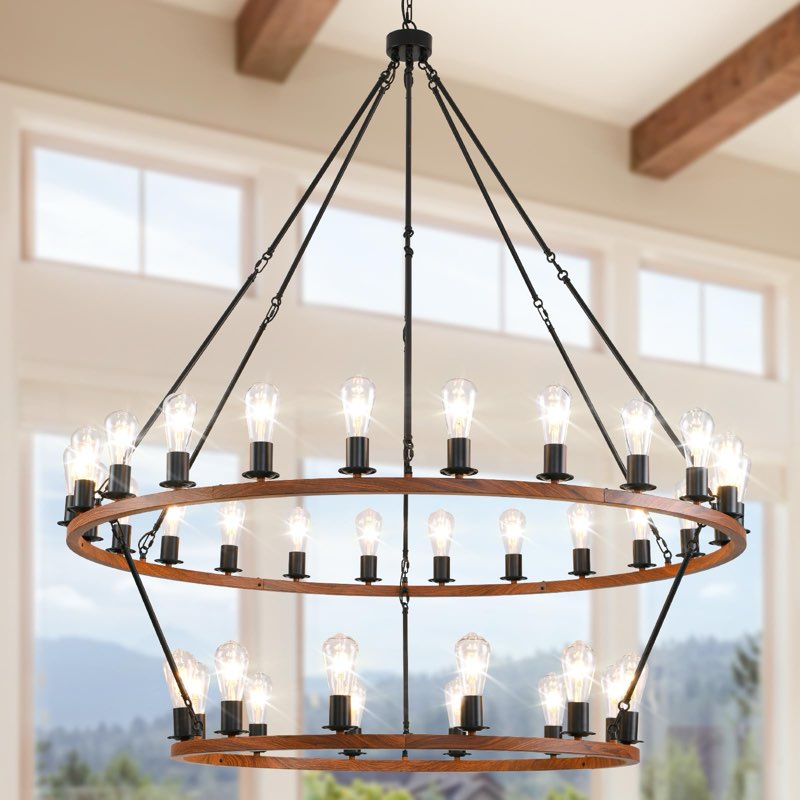 Wagon Wheel Chandelier 2 Tier 53-Inch 36-Light, Extra Large Round Rustic Farmhouse Chandelier Metal 