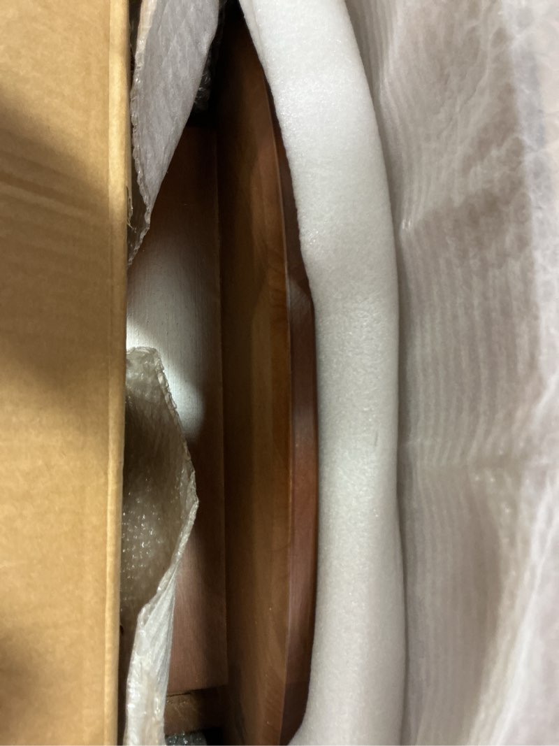 Condition photo showing Good Condition for DELAVIN 31.5\" Solid Wood Round Dining Table for 4, Mid Century Small Kitchen Table for 2-4, Modern Office Table for Living Room, Dining Room, Dinette, Easy Assembly, Space Saving, Brown 31.5\"L x 31.5\"W