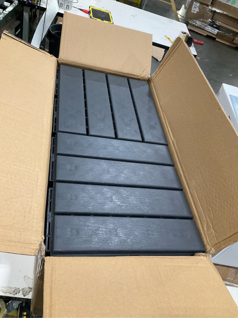 Condition photo showing Good Condition for tolanbbt plastic interlocking deck tiles 36 pack 12"x12" waterproof indoor outdoor composite patio flooring decking tiles all weather use for patio porch balcony backyard poolside, dark grey 36 pcs dark grey - solid