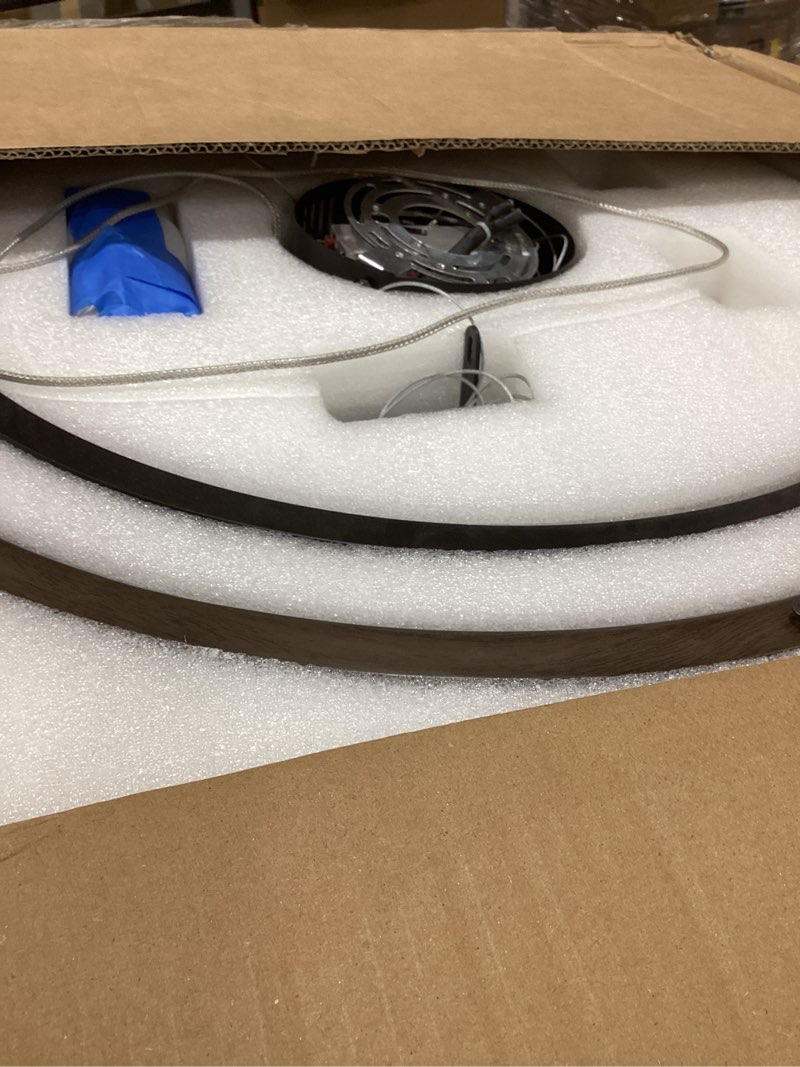 Condition photo showing As Is for LED Ring Chandelier Dimmable Black Chandelier Round Foyer Chandeliers Light Walnut Wood Black Circular Chandeliers for Dining Room Entry Bedroom Office Living Room, 24in Walnut Wood Black 30W Downlight