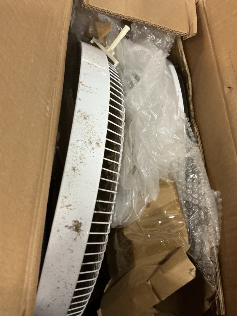 Condition photo showing As Is for amazon basics 16" dc motor standing floor fan, 12 speed with remote, 3 breeze modes, dual-layered blades (10 blades), timer, energy efficiency and quiet dc motor (28w), white 12-speed, dc motor
