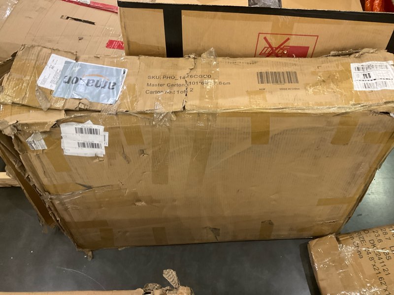 Condition photo showing As Is for 71'' Large Dog Crate Furniture for 2 Dogs, XXL Double Door Indoor Wooden Kennel with Removable Divider & Sliding Barn Door, 3-Drawer TV Stand End Table for Medium & Large Dogs Light Oak+Dark