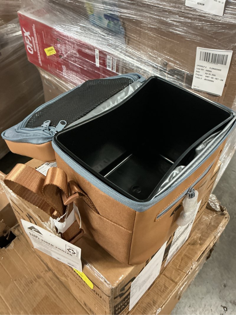 Condition photo showing As Is for ozark trail 6-can soft-sided cooler with removable hard liner, tan