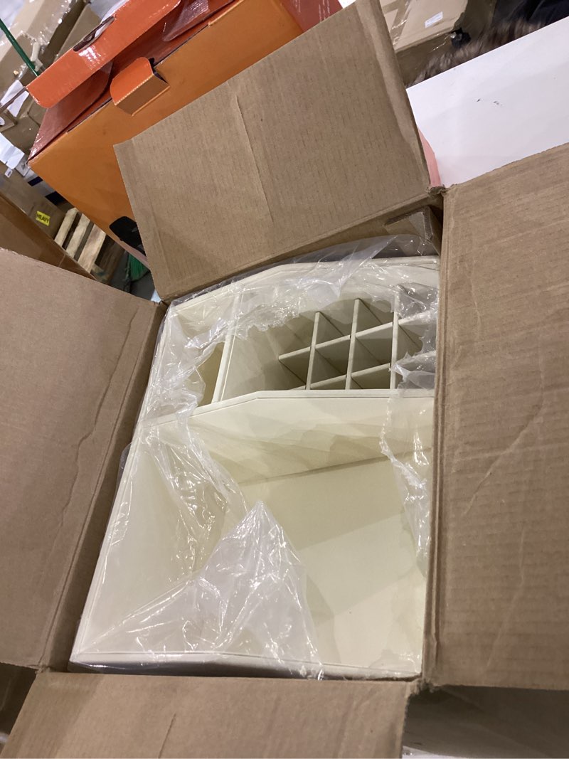 Condition photo showing As Is for VLANDO Makeup Organizer for Vanity,Large Capacity Countertop Organizer with Drawers, PU Leather Cosmetic Display Case for Lipstick,Brushes,Skincare,Bedroom Storage (Beige) 3 layers-Beige