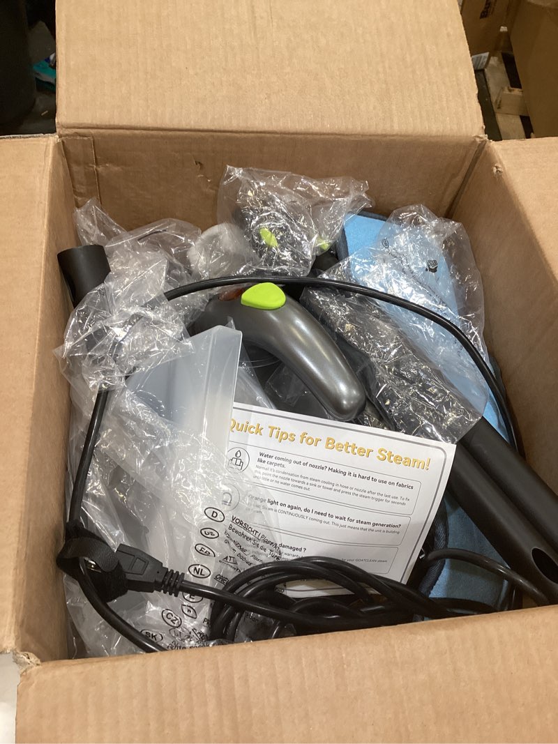 Condition photo showing Good Condition for heavy-duty steam cleaner - 1500w multipurpose handheld floor steamer with 22 accessories 16ft cord for home, car detailing, tile, grout, carpet, wallpaper, upholstery, window, deep cleaning