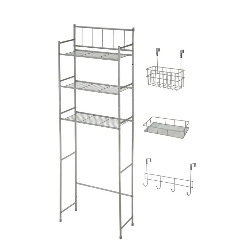 Mainstays Over-the-Toilet Bathroom Storage Shelf Unit Set with Space Saver, Basket and Hooks, Satin Nickel, 4-Piece