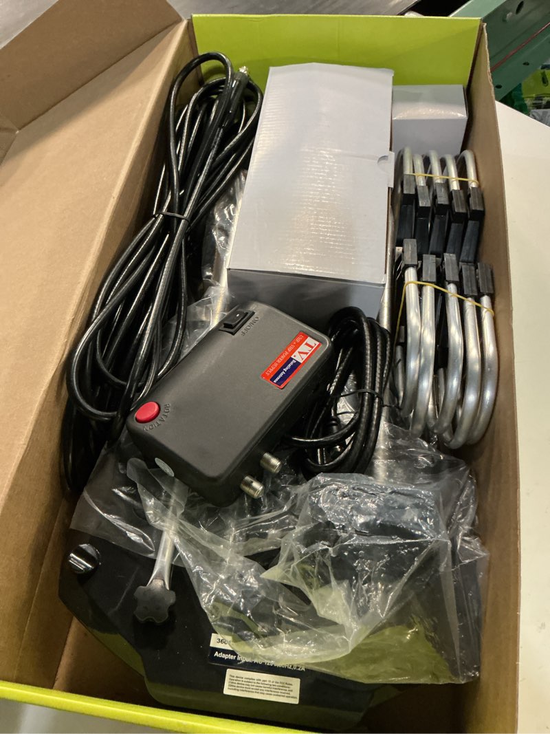 Condition photo showing As Is for onn outdoor tv antenna with mounting pole, 85-mile range (reception varies by location), supports hdtv & 4k uhd