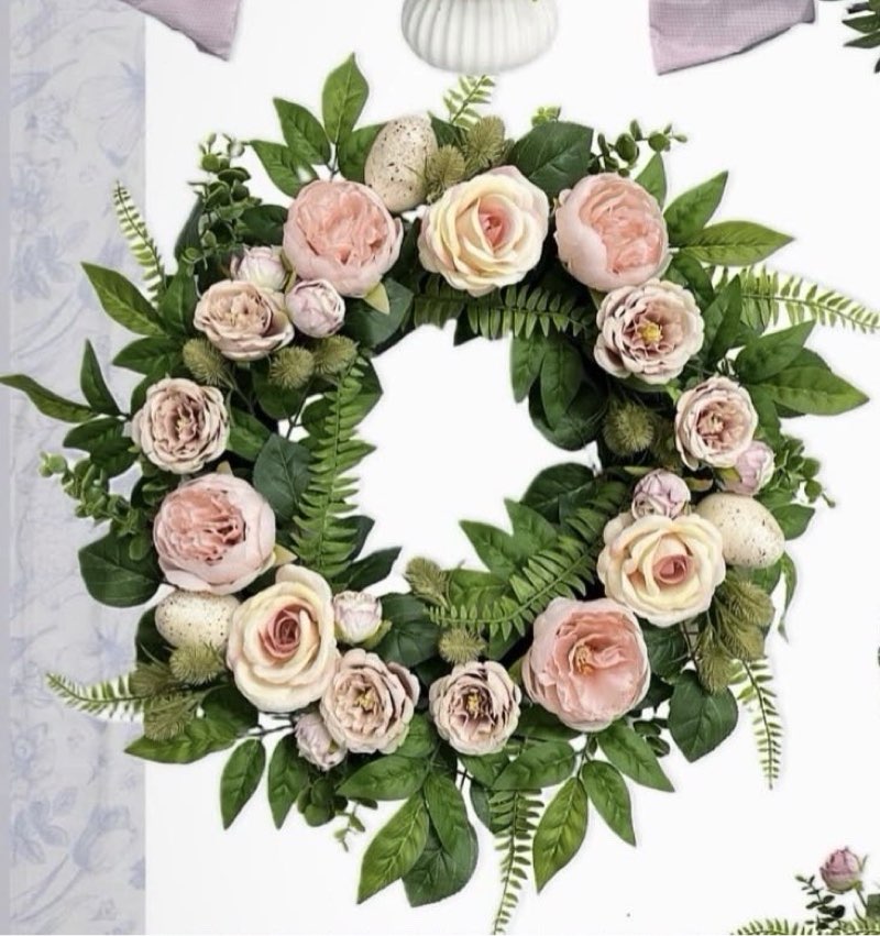my texas house 22" easter wreath pink floral speckled eggs new