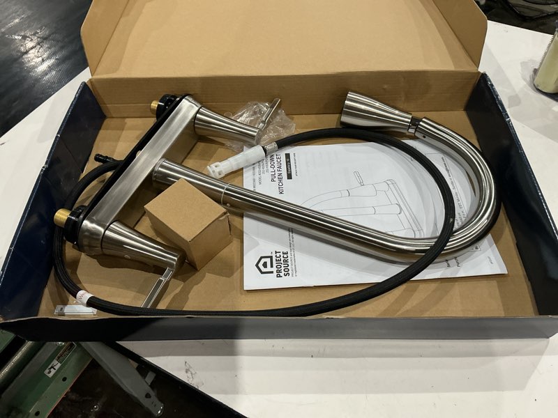 Condition photo showing As Is for project source stainless steel double handle deck-mount pull-out kitchen faucet with sprayer