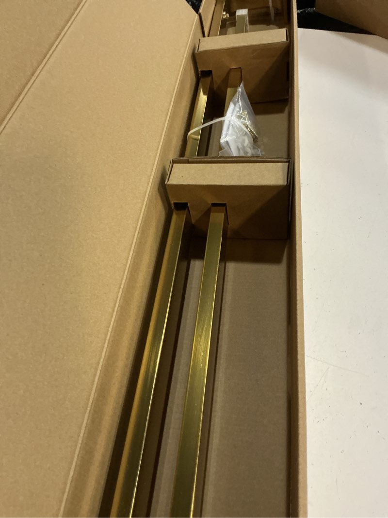 Condition photo showing New/Like New for origin 21 36-in to 72-in brushed gold iron corner curtain rod with finials