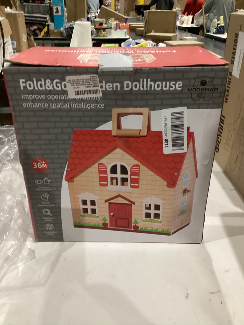 Condition photo showing New/Like New for Foldable Wooden Dollhouse with 13pcs Furniture, 4 Rooms and 2 Flexible Dolls, Pretend Play House Set with Portable Handle, Christmas Birthday Gift for Boys Girls Kids