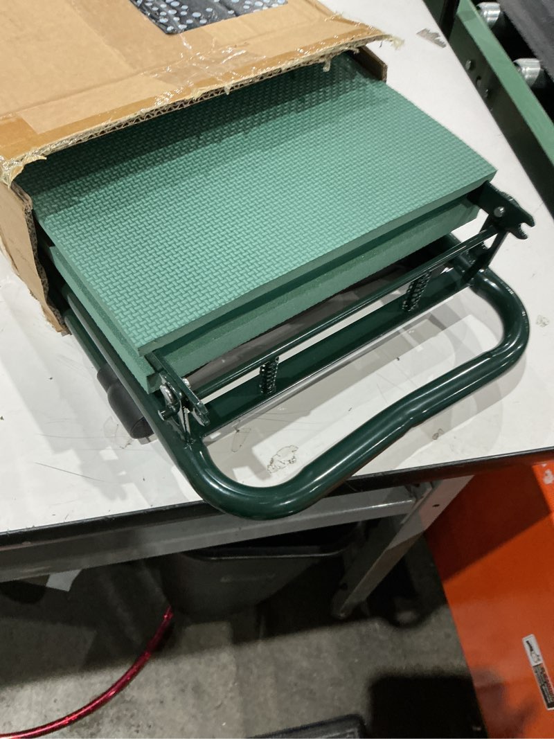 Condition photo showing As Is for tomcare garden kneeler and seat 10.64” wider larger soft kneeling pad garden bench with 2 large tool pouches heavy duty garden stool foldable tools gardening gifts for women men gardeners green 10.64" extra-wide kneeling pad