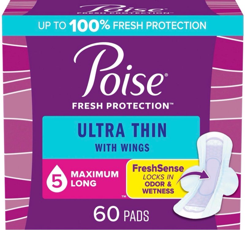 Poise Ultra Thin Incontinence Pads with Wings - Maximum Absorbency - Long Length - 60ct