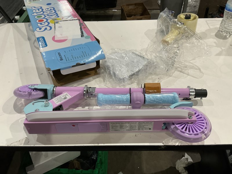 Condition photo showing As Is for beleev v2 scooters for kids with light-up wheels & stem & deck, 2 wheel folding scooter for girls boys, 3 adjustable height, non-slip pattern deck, lightweight kick scooter for children ages 3-12 purple