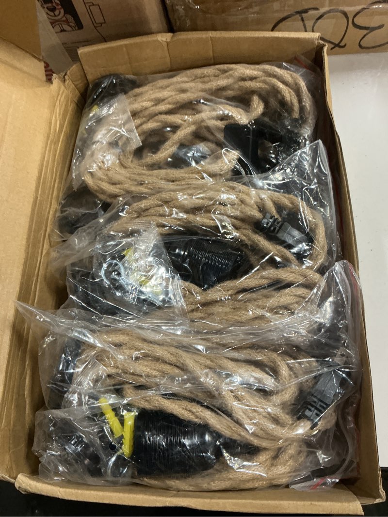 Condition photo showing Good Condition for 6 pcs 15 ft pendant light cord lamp kit vintage ceiling hanging lights with plug in cord with twisted nylon rope with switch e26 socket for kitchen farmhouse bedroom diy decor