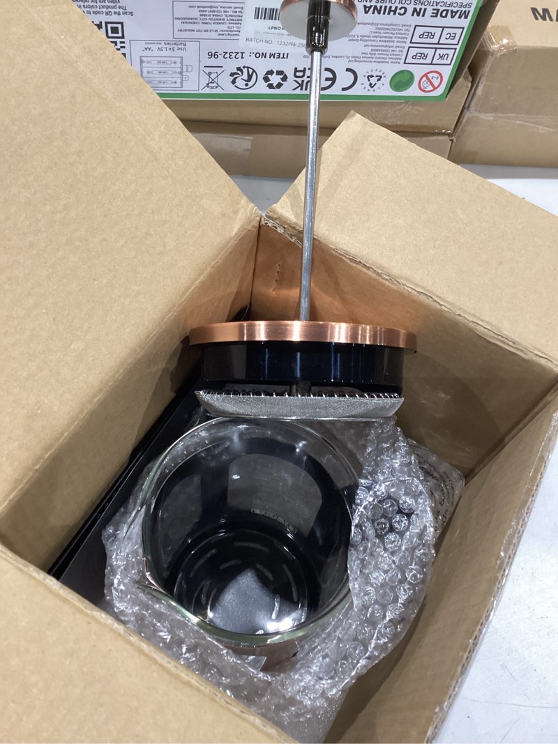 Condition photo showing Good Condition for veken french press coffee maker 21oz 0.6 l, single serve small pot, heat resistant thickened borosilicate glass, stainless steel brewer, cold brew cafetera teapot for kitchen travel camping, copper copper 21oz