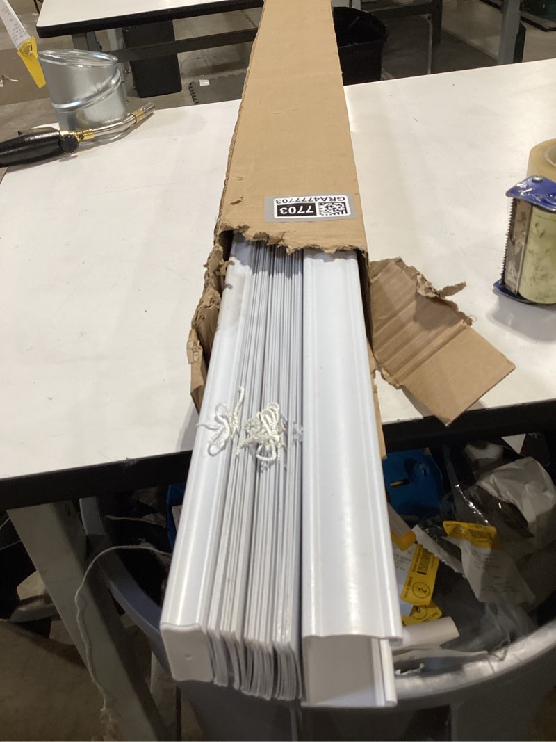 Condition photo showing As Is for project source premium 2-in slat width 43-in x 64-in cordless white vinyl room darkening horizontal blinds