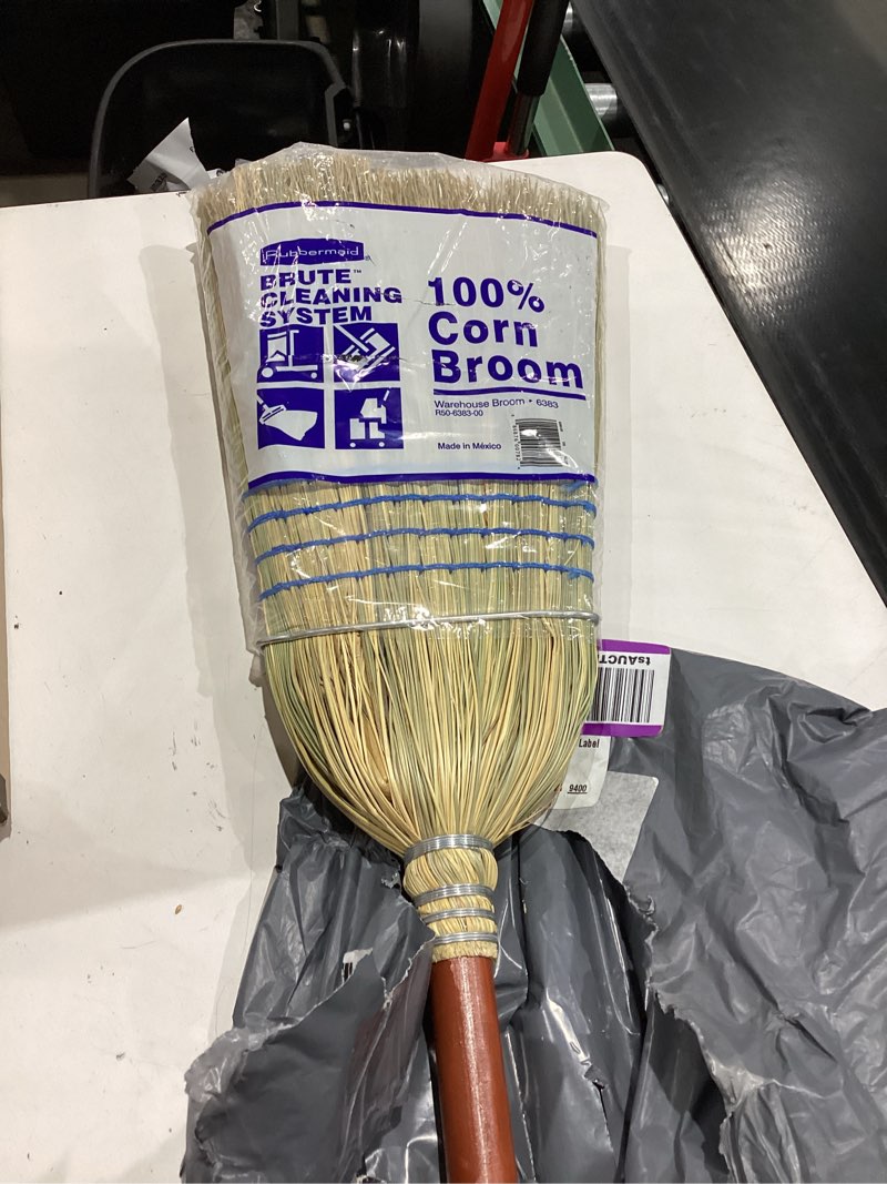 Condition photo showing Good Condition for rubbermaid commercial products heavy-duty corn broom, 1 1/8-inch wood handle, red, indoor/outdoor broom for courtyard/garage/lobby/mall/office single blue