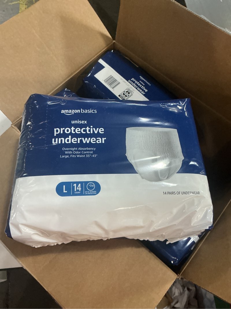 Condition photo showing New/Like New for Amazon Basics Incontinence Underwear for Women, Protective, Disposable, Postpartum, Maximum Absorbency, Medium, Lavender,  56 Count (4 Packs of 14) Size L