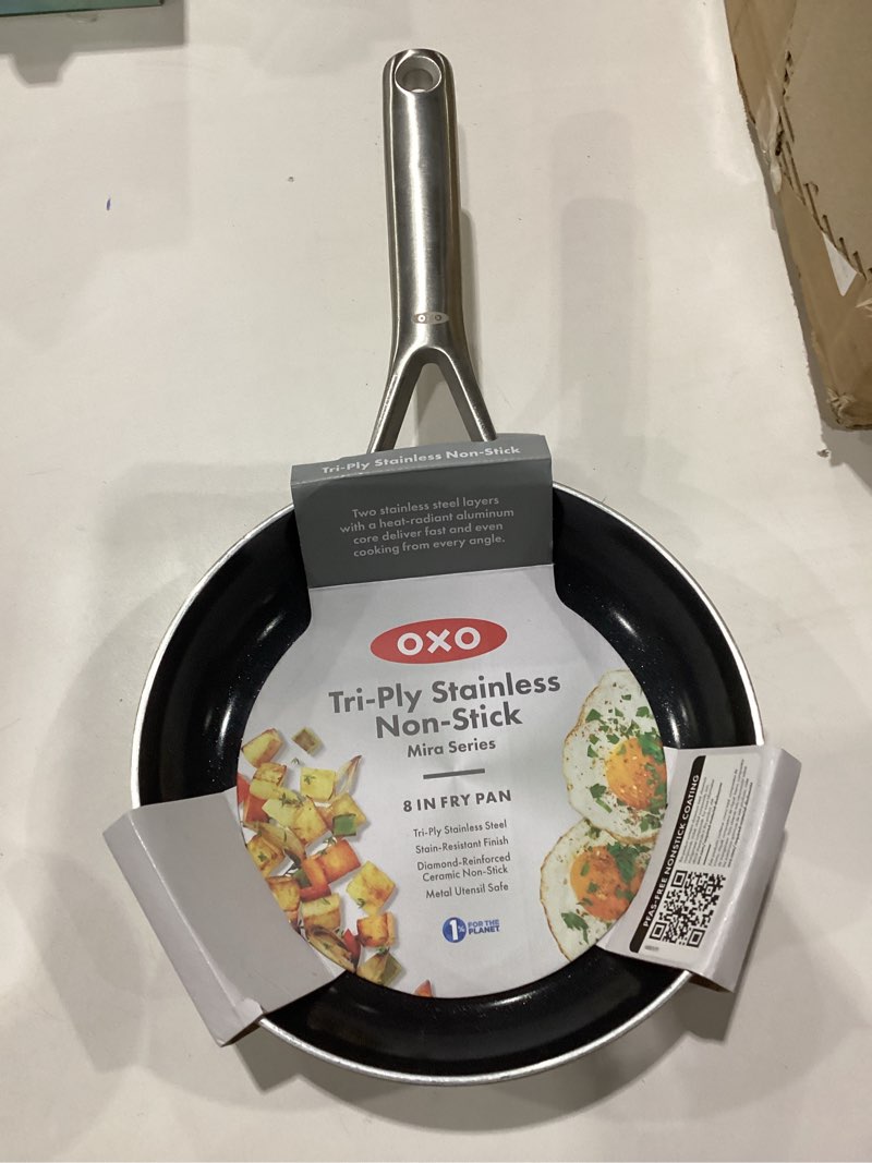 Condition photo showing As Is for scratched oxo mira tri-ply stainless steel pfas-free nonstick, 8\" frying pan skillet, induction, multi clad, dishwasher and metal utensil safe 8\" nonstick frying pan skillet