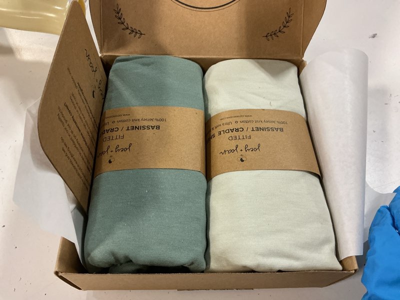 Condition photo showing New/Like New for cradle sheets fitted 18 x 36 inch – snuggly soft 100% jersey cotton – light + dark sage green – 2 pack light + dark sage for cradle 18 x 36 inches