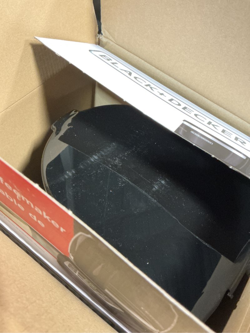 Condition photo showing As Is for black+decker 12-cup digital coffee maker, programmable, washable basket filter, sneak-a-cup, auto brew, water window, keep hot plate, black black coffeemaker