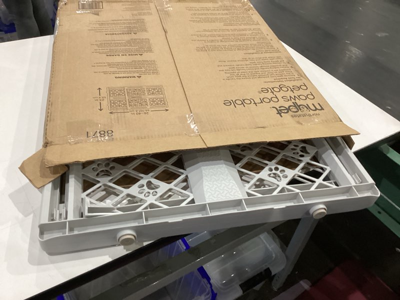 Condition photo showing As Is for mypet north states paws portable pet gate: 26-40" wide. pressure mount. no tools needed. made in usa. dog gate 23" tall, expandable, durable dog gates for doorways, light gray