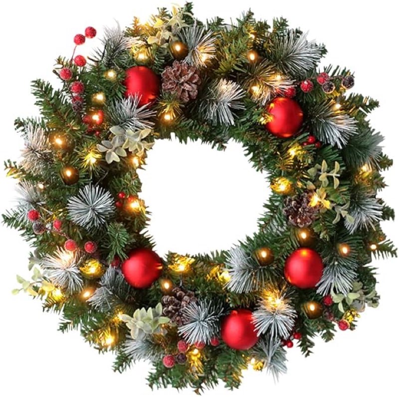 Christmas Wreath with Lights 24 Inch Christmas Door Wreath for Front Door with Ball Ornaments, Battery Operated LED Lights, Holiday Decoration for Fireplace Xmas Decor