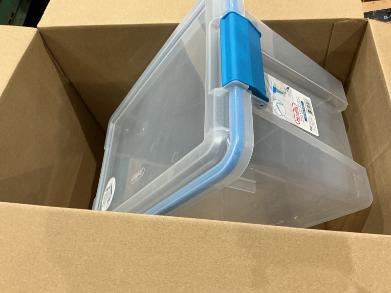 Condition photo showing Good Condition for sterilite 20 qt. clear gasket storage box  blue latches with clear lid