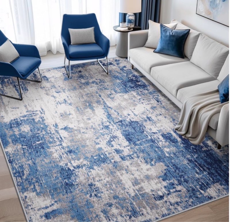 Blue grey white area rug, size unknown 