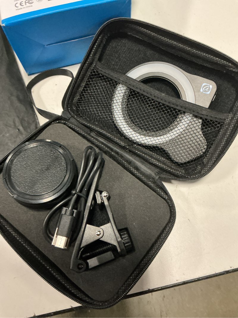 Condition photo showing Good Condition for upgraded professional macro lens for smartphone with ring light, hb100u macro photography lens, aluminum phone camera lens kit with universal clip. phone lens attachment fit for iphone/android phone upgraded macro lens with fill light