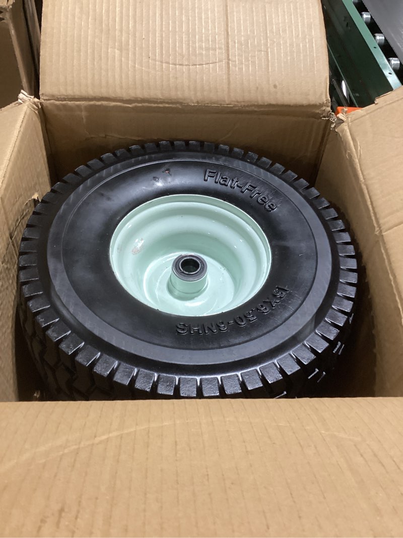 Condition photo showing Good Condition for 2-Pack 15x6.50-6 Flat-Free Tire with Rim,3"Centered Hub with 3/4" Ball Bearing,w/Grease Fitting?500lbs Capacity,15x6.50x6 No-Flat Solid Rubber Turf Wheel,for Riding Lawn mower,Garden Cart