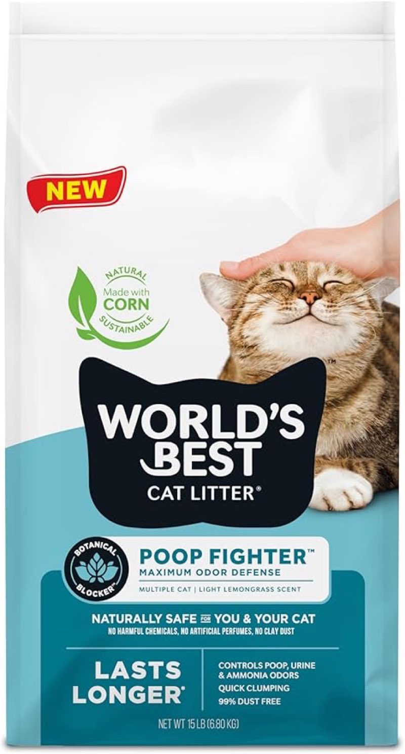world's best cat litter poop fighter maximum odor defense, 15-pounds - natural ingredients, quick clumping, flushable, 99% dust free & made in usa - long-lasting odor control & easy scooping