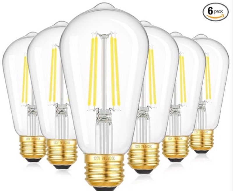 6-pack 7w dimmable led light bulbs, 60watt equivalent edison bulbs, 850lm ultra bright led bulbs, 5000k daylight white, st58 vintage antique bulbs, e26 medium base, cri90+, clear glass, no-flicker