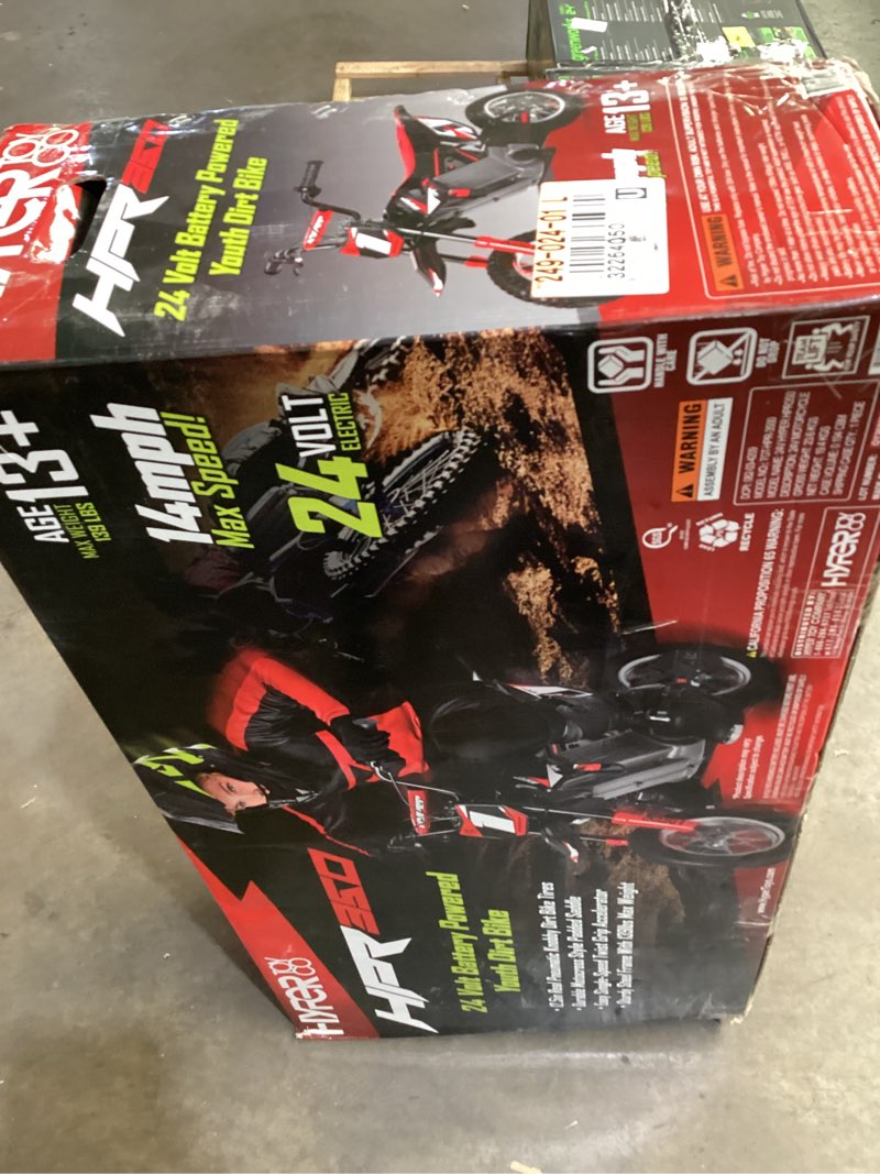 Condition photo showing As Is for hyper toys hpr350 dirt bike 24 volt electric motorcycle for kids' - red/black