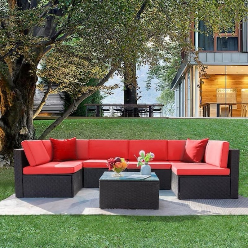 (Incomplete 1 of 3 only) Arleht 7 Piece Rattan Complete Patio Set red cushions
